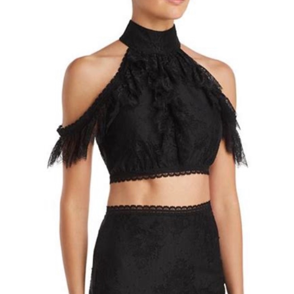 NWT Alice and Olivia Black Lace Halter Top “Regina” Cold Shoulder Crop $330